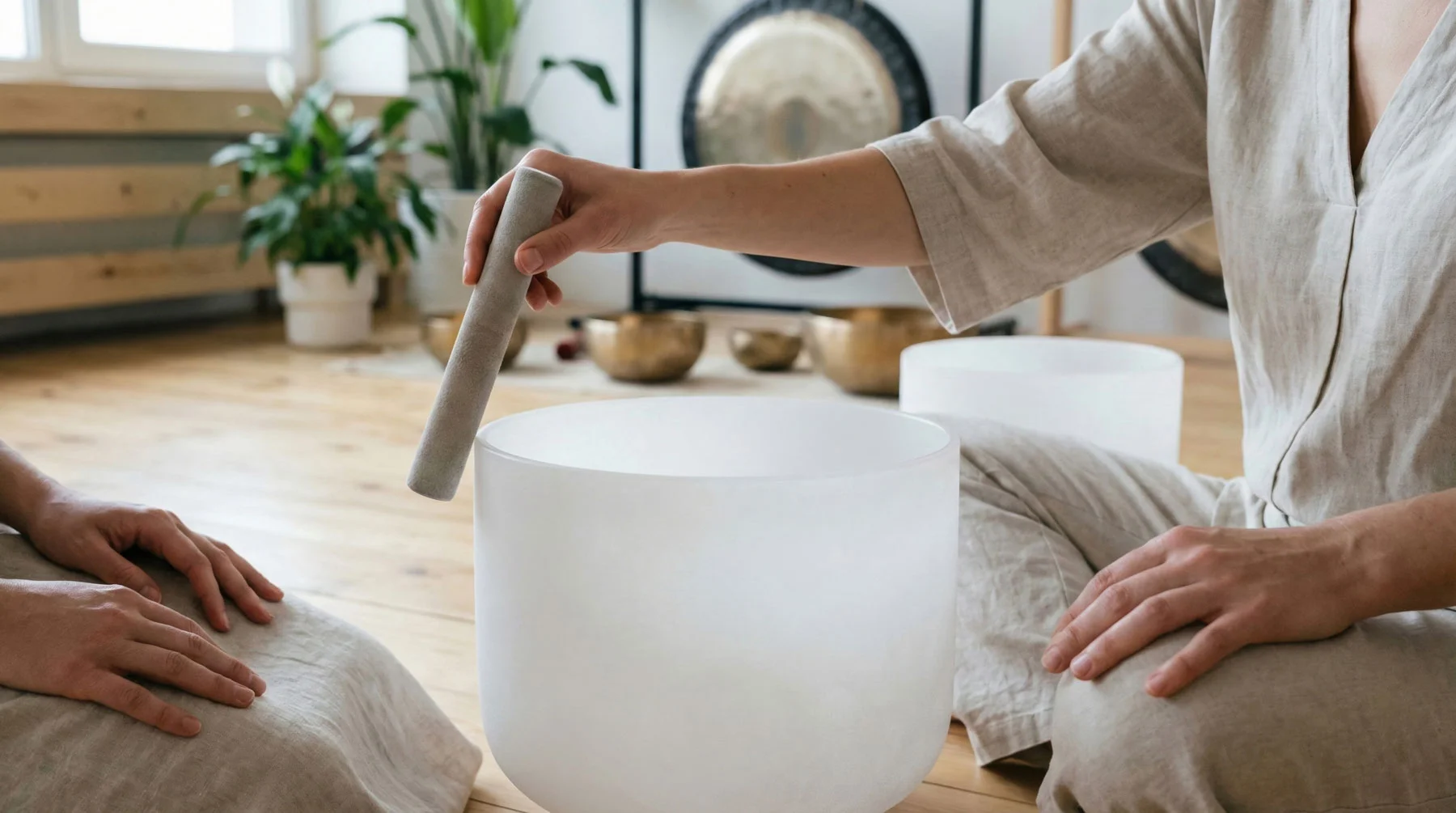 Sound bath session with a mallet over a white crystal bowl