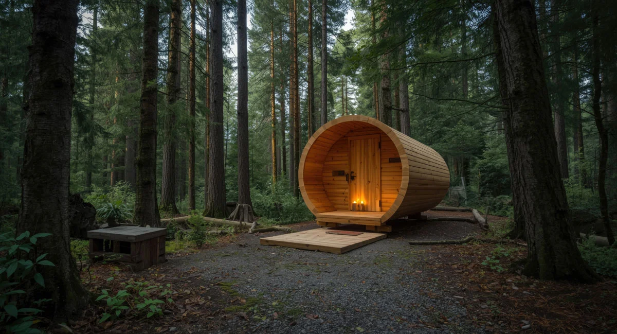 Forest sauna cabin in a Norfolk wellness retreat setting