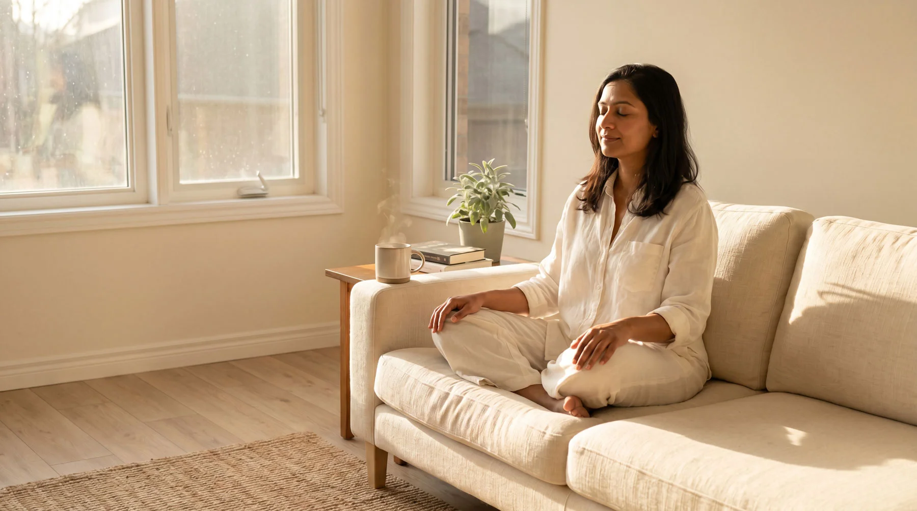 Woman meditating peacefully on a sunlit sofa at home