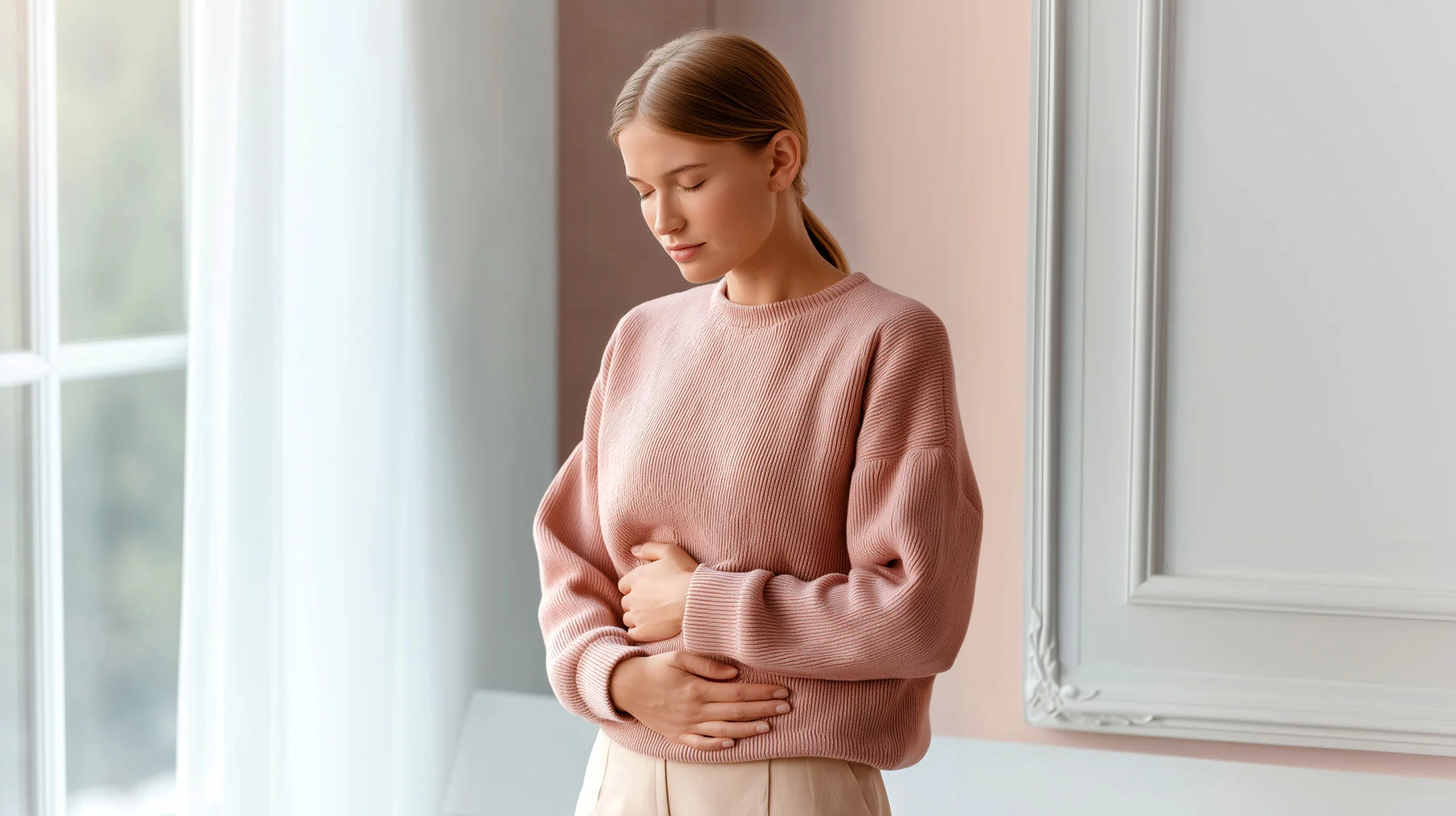 Woman gently holding her lower abdomen beside a bright window
