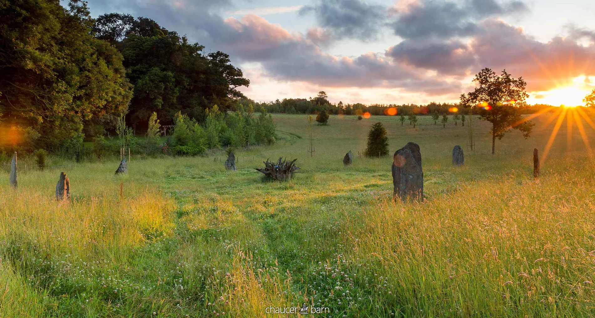 Sunset over meadow at the Chaucer Barn wellness retreat